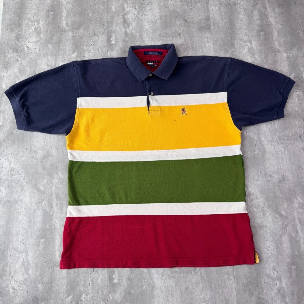 Tommy Hilfiger Polo Shirt Mens XL Colorblock Striped Crest Cotton Short Sleeve